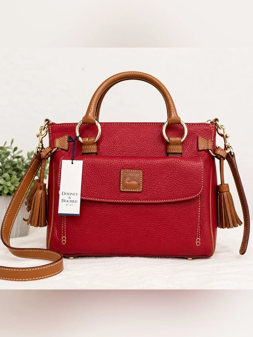 Dooney & Bourke Red Pebbled Leather Satchel with Tan Accents